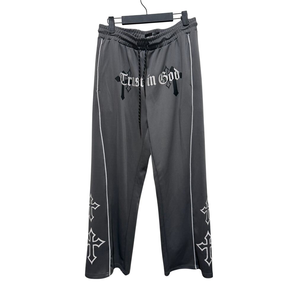 Public Record Track Pants Trust in God Crosses down leg Grey Size Medium